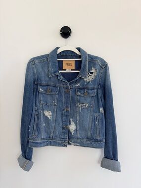 PAIGE Medium Blue Distressed Crop Denim Jacket